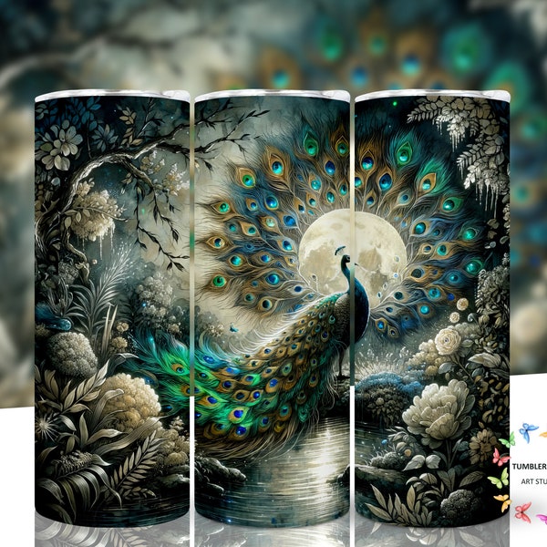 Stunning Peacock SEAMLESS tumbler wrap, 20oz skinny tumbler sublimation design, Straight & tapered, Instant download, Tumbler design PNG