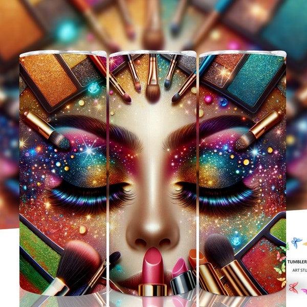 Makeup artist SEAMLESS tumbler wrap, 20oz skinny tumbler sublimation design, Straight tapered, Instant download, Beauty Makeup tools PNG