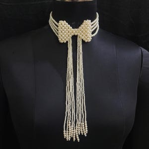 Handmade Beige Pearl Tie Necklace, Pearl Beaded Necktie, Elegant Cream Pearl Tic Tac Toe bow tie for Women, Valentine's Day Gift for Her