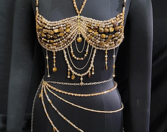 Luxury Burning Man Outfit – Tiger Eye Beaded Bralette & Skirt Set, Romantic Handmade Gemstone Body Jewelry, Anniversary Love Outfit