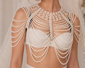 Pearl Bridal Cape Necklace | Handbeaded Shoulder Body Chain, Bridal Second Look Jewelry, Wedding Pearl Cape — As Seen on Neeti Mohan
