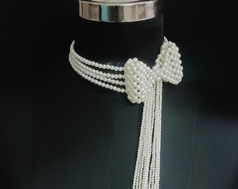 Corbata de perlas marfil/beige hecha a mano con lazo / pajarita crema perla Tic Tac Toe / pajarita perla