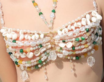 ビーズ付きジェムストーンブラレットトップ - パールフェスティバルブラ | 誕生日撮影用衣装 | ホリデーパーティー用ビーズボディジュエリー | 手作りの高級ギフト