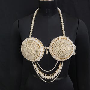Beaded Pearl Bra, Rave Bra, Custom Shell Beaded Top, Pearl Body Chain Bra, Pearl Bikini Jewelry, Mermaid Top Costume
