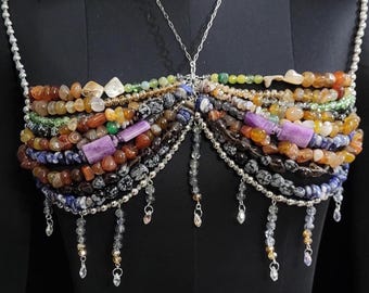 Mermaid Bra Top, Beaded Bralette for Women, Festival Top, Gemstone Bikini Bra & Waist Chain, Rave Party Outfit for Her, Beaded Body Jewelry