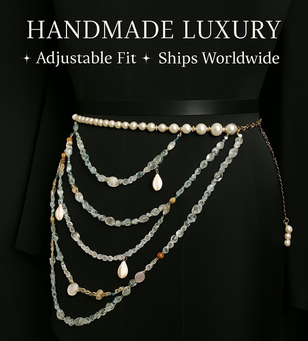 Beaded multi strand hip belt 38” with dangles Matte Gold Plated Green Pearls Beaded Shri Lakshmi Motif  main image 2