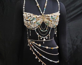 Valentine Gift for Her – Luxury Pearl & Shell Bralette and Hip Skirt Top Set, Handmade Bra Top and Chain Skirt Top, Goddess Pearl Outfit