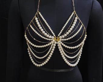 Chaîne de corps perlée à la main, haut de corps de mariée, bijoux de bikini dorés, soutien-gorge avec chaîne de perle, colliers d'épaules de soutien-gorge, cape de perle, bijoux de mariage
