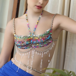 Multicolor Beaded Bra Bikini Jewelry with Waist Chain, Beaded Bralette Body Chain, Mermaid Top Festival, Holiday Party Rave Carnival Bra