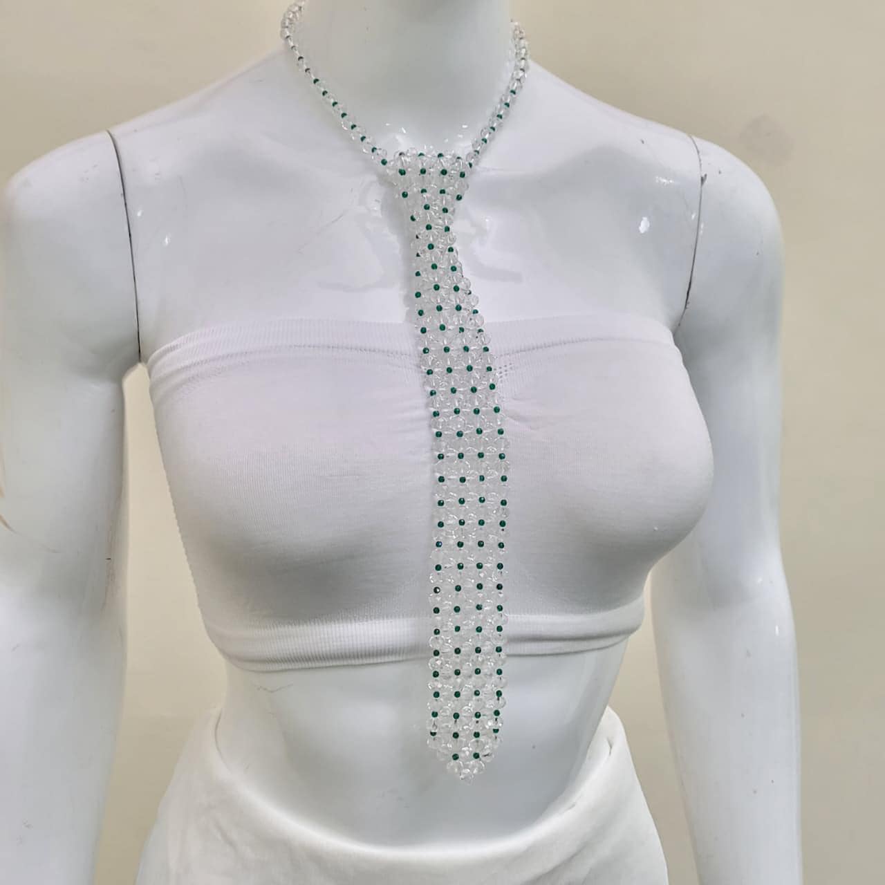Beaded Crystal Tie Necklace with Green Accents Vintage-Inspired Elegant Necktie Boho Fashion Accessory