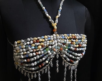 Natural Gemstone Beaded Bra, Body Chain Bralette Party costume, Mermaid Core Top Festival Outfit Carnival Costume, Beach Body Jewelry