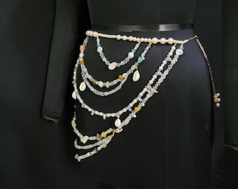 Falda de cadena de cuentas para la cadera / Cadena de vientre con piedras preciosas de concha / Cinturón de perla / Falda de playa para festival / Cinturón bohemio para carnaval