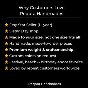 May include: Black background with white text listing reasons why customers love Peqota Handmades. Text includes "Etsy Star Seller", "5-star Etsy shop", "Made to your size", and "Handmade, made-to-order pieces".