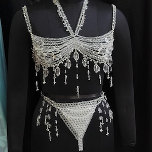 Handmade Crystal Body Chain, Mermaid Top Rave Outfit Body Jewelry, Body Chain Mermaid Costume, Beaded Bra Top Bikini Jewelry