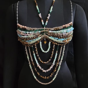 Handmade Gemstone Beaded Bralette Top – Crystal Belly Dance Bra, Festival Outfit, Boho Couture Lingerie, Statement Bead Harness