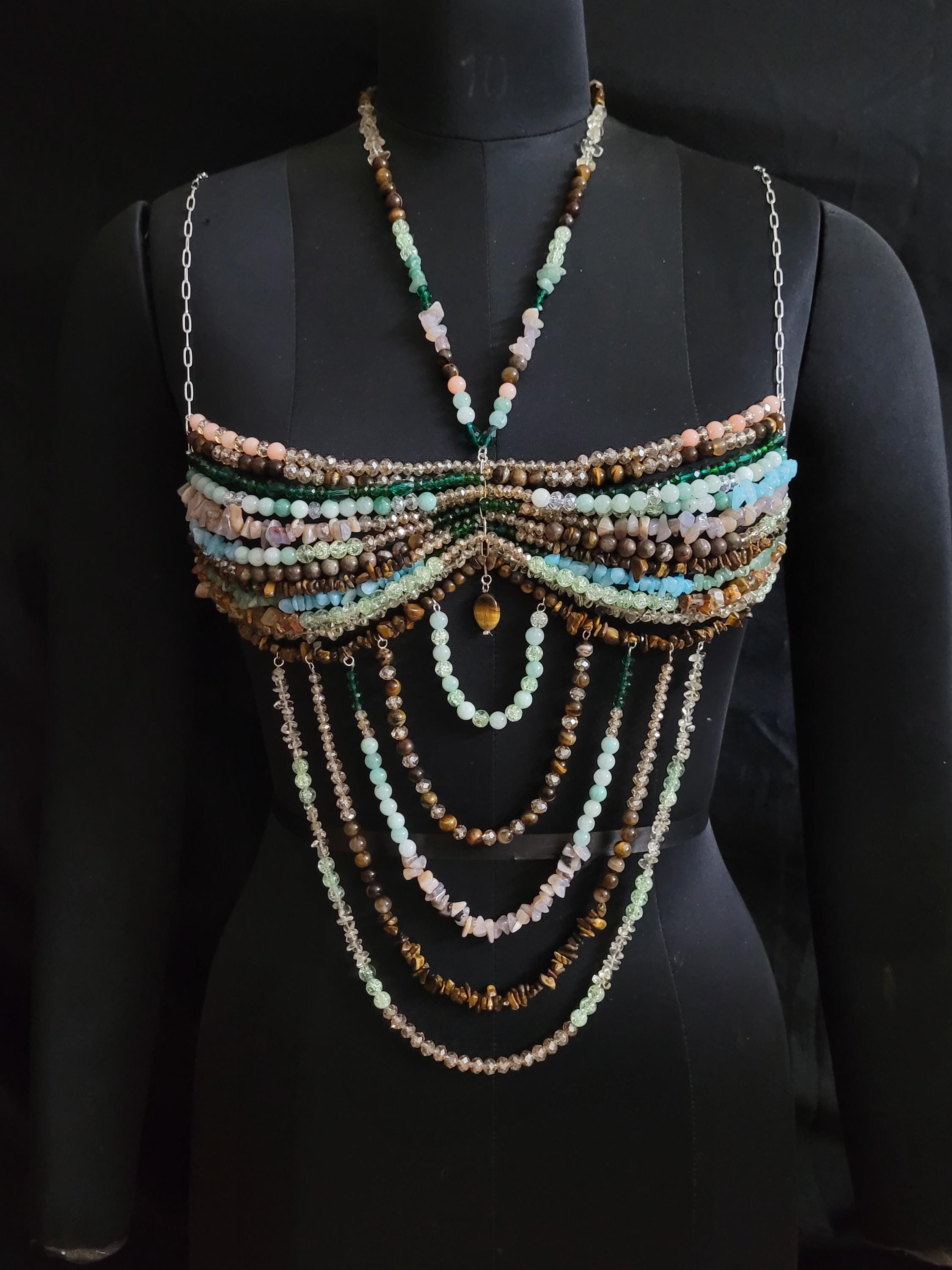 Handmade Gemstone Beaded Bralette Top – Crystal Belly Dance Bra, Festival Outfit, Boho Couture Lingerie, Statement Bead Harness