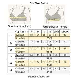 May include: A bra size guide with illustrations and a chart. The chart shows overbust and underbust measurements in inches, with cup sizes ranging from A to DDD/F. The guide is labeled "Bra Size Guide" and includes the text "Peqota Handmades."