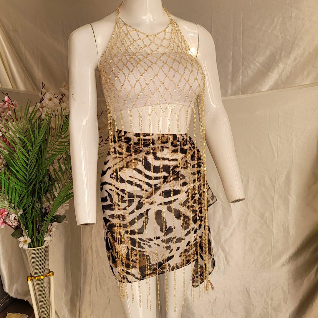 Chain String Top Golden Body Chain Top With Long Drapes | Festival Chain Mesh Top | Boho ...
