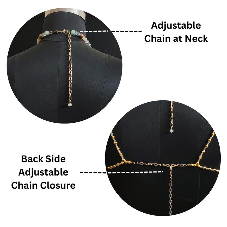May include: A gold-colored body chain with an adjustable chain closure and an adjustable chain at the neck. The chain is adorned with small, round, gold-colored beads and a small, clear crystal pendant.