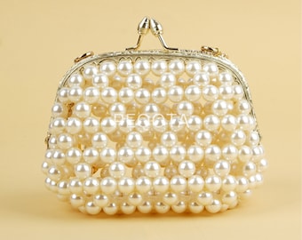 Mini borsa con perline di perle Pochette con chiusura a bacio in
