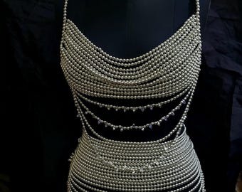 Silver Beaded Bralette Top – Handmade Festival Bead Bra – Layered Pearl Chain Crop Top – Statement Rave Outfit – Boho Belly Dance Top