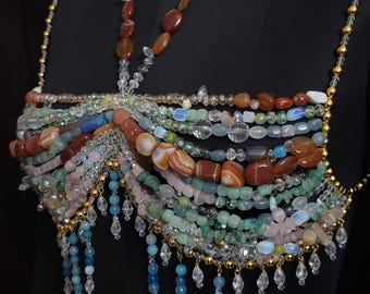 Luxury Gemstone Beaded Bralette Handmade Crystal & Semi-Precious Gemstone Body Jewelry Mermaid Top – Festival, Party Photoshoot Beach Wear