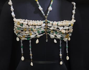Pearl Shell Beaded Bralette Top | Handmade Festival Bra | Cowrie Shell Top | Boho Beach Wear | Crystal Body Jewelry | Mermaid Rave Outfit