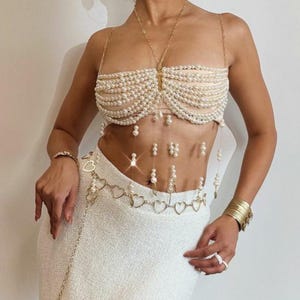 Beaded Pearl Body Chain, Rave Bra, Custom Beaded Top, Pearl Body Chain Bra, Shoulder Necklaces Bra, Bikini Jewelry, Mermaid Top Costume