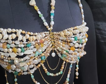 Shell Beaded Bralette, Holiday Birthday Gift for Her, Beaded Body Chain for Halloween, Mermaid Top Birthday Outfit, Fairy Top Bra