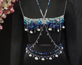Natural Gemstone Bra with waist chain, Beaded Bralette, Unique Mermaid Top Rave Carnival Festival Costume, Best Birthday Outfit Gift for her