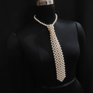 Handmade Ivory/Beige Pearl Tie, Pearl Party Tie Necklace, Vintage Faux Pearl Necktie Adjustable, Birthday Holiday Gift, Unique Necktie