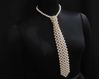 Handmade Ivory/Beige Pearl Tie, Pearl Party Tie Necklace, Vintage Faux Pearl Necktie Adjustable, Birthday Holiday Gift, Unique Necktie