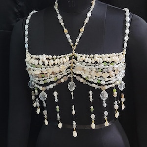 Pearl Shell Beaded Bralette Top | Handmade Festival Bra | Boho Beachwear | Crystal Body Jewelry | Bridal Bikini Top | Mermaid Outfit