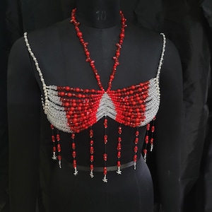 Handmade Crystal Body Chain, Red Beaded Body Jewelry, Crystal Body Chain Bra, Beaded bra top, Burning Man Rave Outfit, Carnaval Bikini Bra