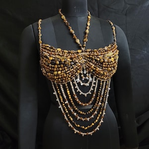 Brown Gemstone Bead Bra Pearl, Beaded Bralette Body Chain, Brown Mermaid Top Festival Outfit Carnival Costume, Natural Tiger Eye Bra Top