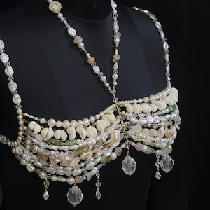 Color Gemstone Bead Bra Pearl, Beaded Bralette Body Chain, Mermaid Core Top Festival Outfit Carnival Burlesque Costume, Crystal Shell
