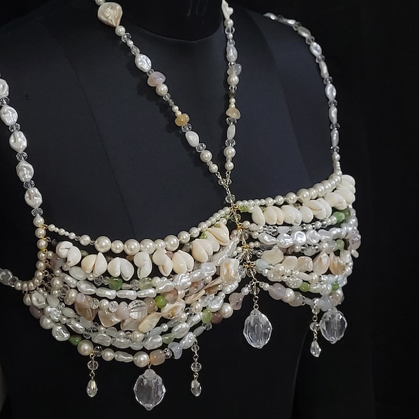 Handmade Pearl & Gemstone Bralette Body Chain – Luxury Mermaid Core Top, Shell Beaded Bra, Statement Festival Jewelry