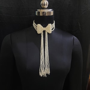 Handmade Beige Pearl Tie Necklace, Pearl Beaded Necktie, Elegant Cream Pearl Tic Tac Toe bow tie for Women, Valentine&#39;s Day Gift for Her