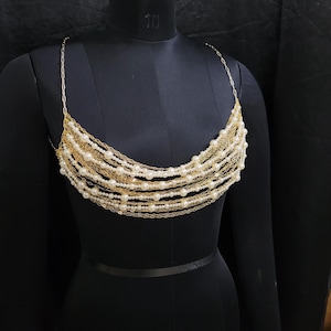 Beaded Pearl Bridal Body Jewelry Bra Chain, Music Festival Brallete, Golden Mermaid Bra Top Rave Carnival Outfit  Valentine&#39;s Gift for Her