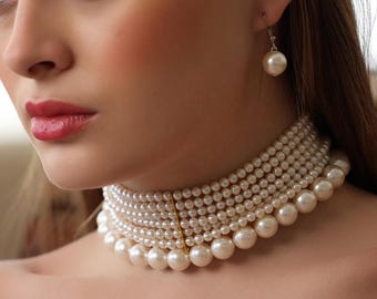 1940s Style Multi-Strand Pearl Choker: Vintage Inspired Bridal Necklace