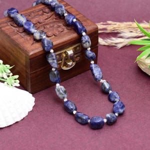 Lapis Pearl Necklace Set | Chunky Bracelet Set | Blue Stone Necklace | Silver Beaded Gift for Her | 925 Silver Bracelet Jewelry