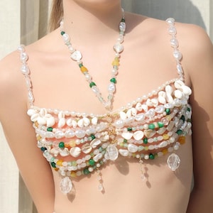 Mermaid Core Top, Cowrie Shell Bralette, Pearl & Shell Body Chain, Carnival Outfit, Boho Burlesque Costume, Rave Outfite for Women