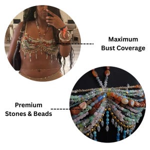 May include: A beaded bustier with a variety of stones and beads in shades of brown, green, and blue. The bustier has a fringe of dangling beads. The image text reads "Maximum Bust Coverage" and "Premium Stones & Beads."