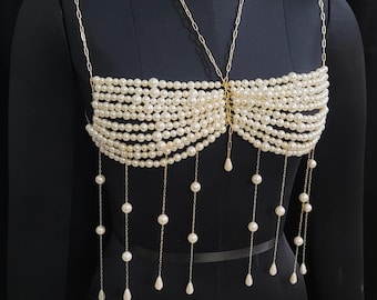 Chaîne de corps perlée à la main, haut de corps de mariée, bijoux de bikini dorés, soutien-gorge avec chaîne de perle, colliers d'épaules de soutien-gorge, cape de perle, bijoux de mariage