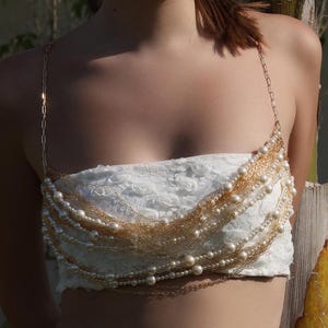 Beaded Pearl Bridal Body Jewelry Bra Chain, Music Festival Brallete, Golden Mermaid Bra Top Rave Carnival Outfit  Valentine&#39;s Gift for Her