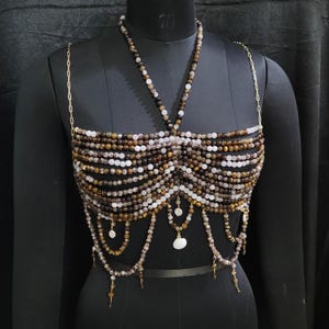 Handmade Mix Gemstones and Tiger Eye Body Chain, Bridal Body Jewelry, Body Chain Bra, Beaded bra top, Carnival Bikini Jewelry, Wedding jewel