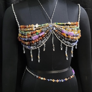 Mix Gemstone Beaded Bra & Waist Chain, Beaded Bralette Body Chain, Mermaid Core Top Festival Outfit Carnival Burlesque Costume, Belly Chain