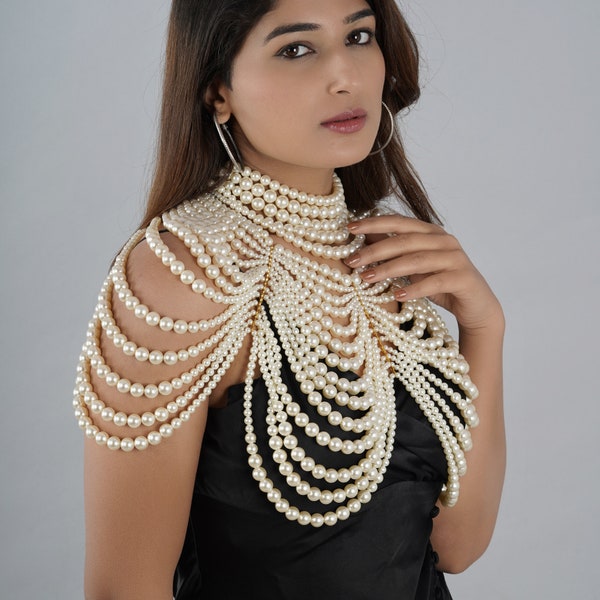 Women's  Pearl Cape Necklace, Handmade Cream Pearl Neckpiece for Her, Pearl Body Chain