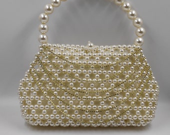 Pearl Beaded Mini Bag with Rhinestone, Bride pearl Handbag & Evening Bag for Women, Bridal wristlet Clutch, Wedding Gift for her