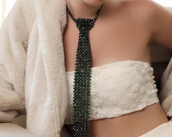 Cravatta con perline e cristalli fatta a mano, collana con perline per feste da donna, cravatta regolabile con perline verdi, regalo di compleanno o per le vacanze, cravatta con perle per matrimoni